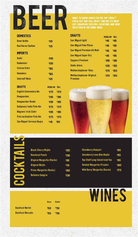 The Late Night Menu features fan-favorite bar food and drinks for only 4 each. . Buffalo wild wings drink menu